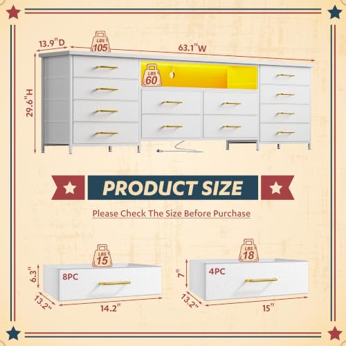 Romorgniz 63" W Dresser for Bedroom, Long Dresser with 12 Fabric Drawers | LED Dresser TV Stand with Power Outlets for 65,70 Inch TVs,Storage Entertainment Center with 2 Wood Shelve,White PU Leather - color: White