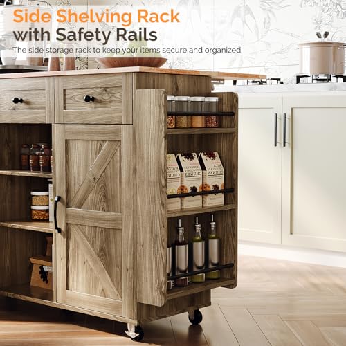 VINGLI Kitchen Island with Storage, 52" Rolling Kitchen Cart with 3 Drawers & Shelves, Drop Leaf Design, Mobile Island with Barn Doors, Towel & Spice Rack for Kitchen & Dining, Grey Brown Oak - color: Grey Brown 2-box