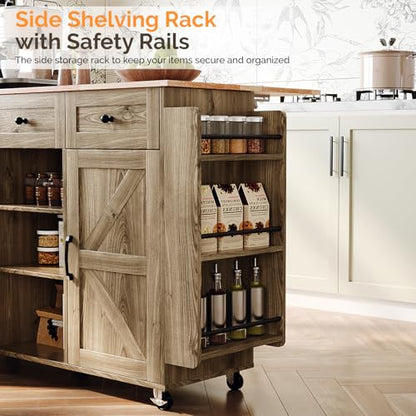 VINGLI Kitchen Island with Storage, 52" Rolling Kitchen Cart with 3 Drawers & Shelves, Drop Leaf Design, Mobile Island with Barn Doors, Towel & Spice Rack for Kitchen & Dining, Grey Brown Oak - color: Grey Brown 2-box