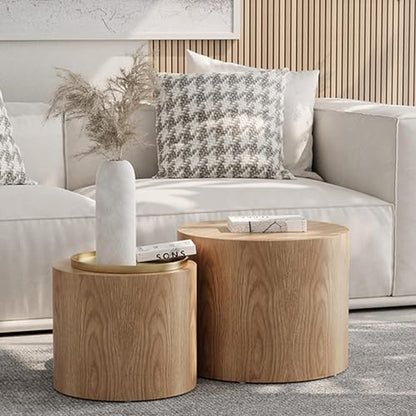 18.9" Round Nesting Coffee Table Set of 2, Modern Wooden Coffee Tables Circle Side Table for Small Space, Accent End Table Set, No Assembling, Matte Oak - color: 18.9" Oak