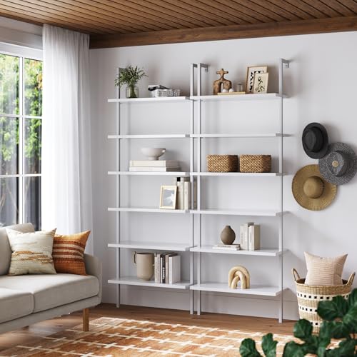 Nathan James Theo 6-Shelf Tall Modern Bookshelf, Wall Mount Ladder Shelf Bookcase with White Wood and Industrial Metal Frame, Matte White/White, Set of 2 - color: White, size: Set of 2