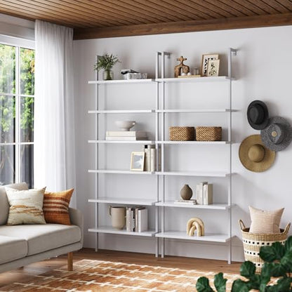 Nathan James Theo 6-Shelf Tall Modern Bookshelf, Wall Mount Ladder Shelf Bookcase with White Wood and Industrial Metal Frame, Matte White/White, Set of 2 - color: White, size: Set of 2