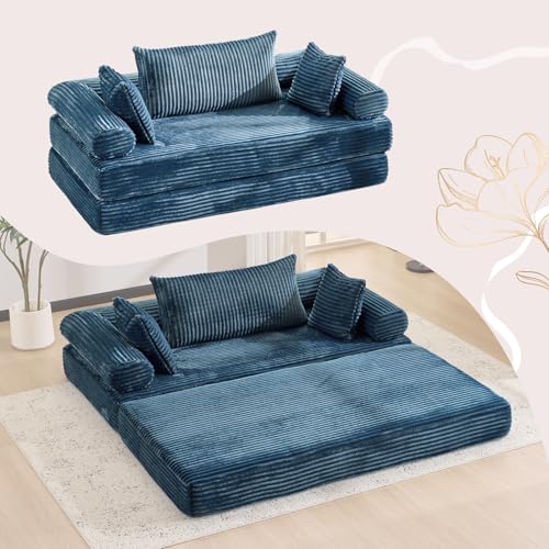 VINGLI Convertible Futon Sofa Bed, Upholstered Corduroy Boneless Couch King Size Floor Loveseat Sleeper Sofa with 2-in-1 Throw Pillow & Blanket Couches for Living Room, Bedroom, Lounge, Navy Blue - color: Navy Blue