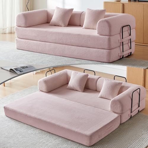 79" Convertible Sofa Bed, Boneless Couch for Living Room (Pink) | Corduroy Boneless Loveseat Sleeper Sofa, Modular Futon Couch with 2 pillow, Pull Out Couch No Assembly - color: Pink, size: 79"Convertible Sofa Bed