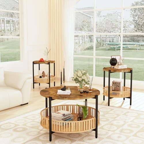 AWQM 3 Pieces Coffee Table Set for Living Room, 2 Tier Round Rattan Coffee End Side Table, Boho Living Room Table Set with Metal Frame for Bedroom Office - size: Set of 3