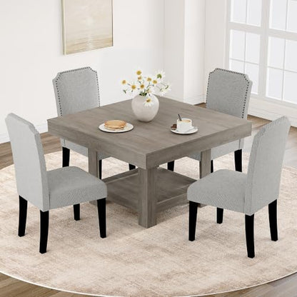 GarveeHome Square Dining Room Table for 4-6 People, Heavy Duty 350Lbs Kitchen Table with 2-Tier Storage, Waterproof Wooden Dinner Table with Sturdy Triangle Legs, Grey. - color: Grey