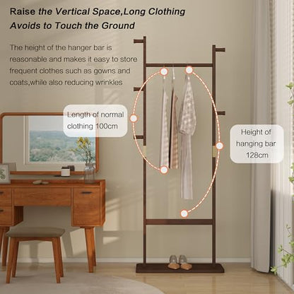 Solid Wood Coat Rack Freestanding, 71" Heavy Duty Clothes Rack with Dual Rods & Hooks, Stable Space Saving Hall Tree Entryway Organizer for Bedroom, Living Room (Walnut) - color: Walnut