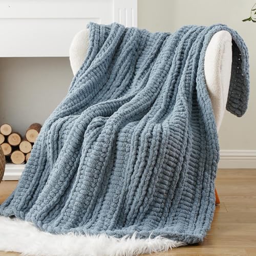 Battilo Chunky Knit Throw Blanket for Couch, 50"x60", Dusty Blue | Hand Knit with Chunky Yarn, Cozy Warm Soft Chenille Throw Blanket for Bed, Sofa, Living Room - color: Dusty Blue