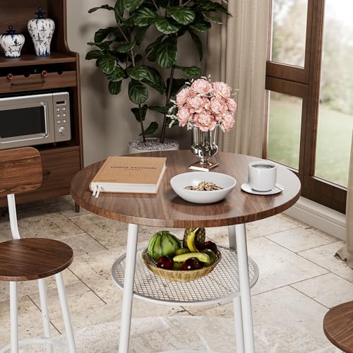 3-Piece Round Bar Table Set with Backrest & Partition, Counter Height Small Dining Table for 2, Includes 2 Foldable Stools, Sturdy MDF & Steel Frame for Kitchen/Dining Room (Brown+White) - color: Brown+white