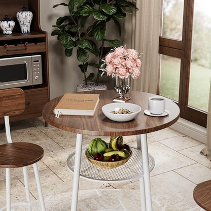 3-Piece Round Bar Table Set with Backrest & Partition, Counter Height Small Dining Table for 2, Includes 2 Foldable Stools, Sturdy MDF & Steel Frame for Kitchen/Dining Room (Brown+White) - color: Brown+white