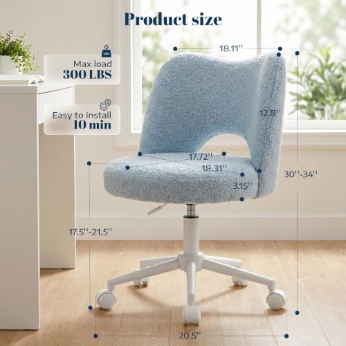 DurayLoly Vanity Chair with Wheels,Open Back, Armless,Light Blue | Chair Soft Teddy Fabric 6" Thick Cushion, Height Adjustable 17.5"–21.5", 360° Swivel for Vanity Table, Home Office - color: Light Blue