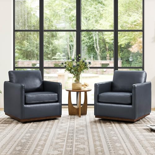 CHITA Genuine Leather Swivel Chair, Wood Frame, Fully Assembled, Navy | Leather Arm Chair with 360° Swivel Solid Wood Base, Mid Century Modern Living Room Chair, 33"Dx30"Wx33"H, 300 Lb Capacity - color: Navy