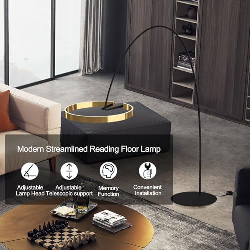 Modern Iron Arc Floor Lamp with LED Ring Shade - Nordic Dimmable Standing Lamp - Height Adjustable Vertical Lamp with Marble Base