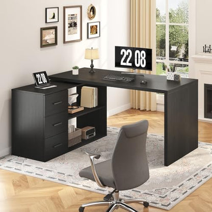 HSH 55-76 Inch Black Farmhouse L Shaped Desk with Drawers 360 Rotating | Office Desk Conner Coumputer Desk With storage Long For Work,Executive,Study,Writing,Teacher,Bedroom,Modern Gaming Table - color: Black