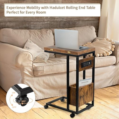Hadulcet C Tables End Table Set of 2, C Shaped Side Table with Charging Station, Folding Table TV Trays for Eating, Couch Tables that Slide Under, Small End Table Snack Tables, Rustic Brown