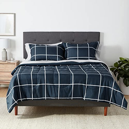 Amazon Basics Lightweight Microfiber Comforter Set with Sheets, 7-Piece, Bed-In-A-Bag, Full/Queen, Navy with Grey Plaid, Machine Washable - color: Navy and Grey Plaid, size: Full/Queen, style: 1-Pack
