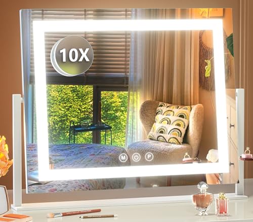 Gvnkvn Lighted Makeup Mirror, 17.3"x13" Hollywood Vanity Mirror with Lights,Three Color Lighting Modes, and 5X Magnification Mirror, Smart Touch Control, 360°Rotation (White, Gift Box) - color: White 1