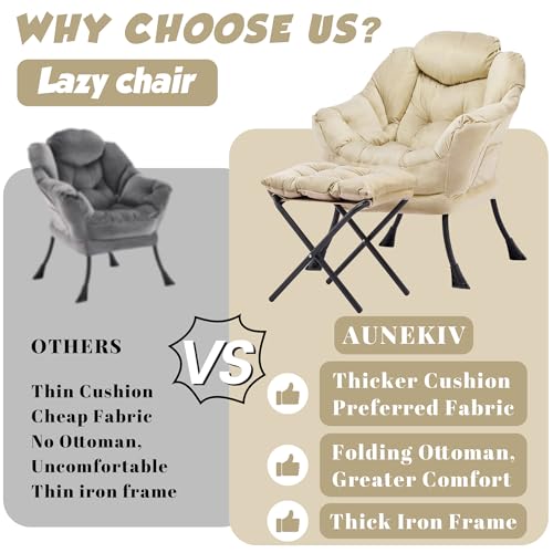 Lazy Chair with Ottoman, Comfy Reading Chair, Khaki | Cushioned Seat with Foldable Ottoman and Side Pocket, Lounge Chair for Bedroom, Living Room, Dorm and Small Spaces - color: Khaki