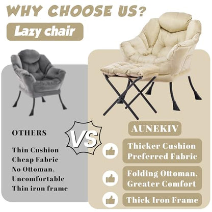 Lazy Chair with Ottoman, Comfy Reading Chair, Khaki | Cushioned Seat with Foldable Ottoman and Side Pocket, Lounge Chair for Bedroom, Living Room, Dorm and Small Spaces - color: Khaki