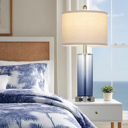 Ruzectt 26" Glass Table Lamp Single, 3-Way Dimmable Touch Control Living Room Lamp with USB C+A Ports & AC Outlet, Coastal Bedside Lamps, Bedroom Lamps for Nightstand Side End Table Desk, Blue-1PK - color: Blue-1PK