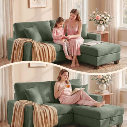 DOPEDIO 88.58" L-Shaped Sectional Couch with Storage Ottoman, Green | L-shaped sectional sofa with storage ottoman, chenille fabric, washable covers, pocket spring cushions, easy assembly - size: 88.58 inch-L, style: Green Chenille