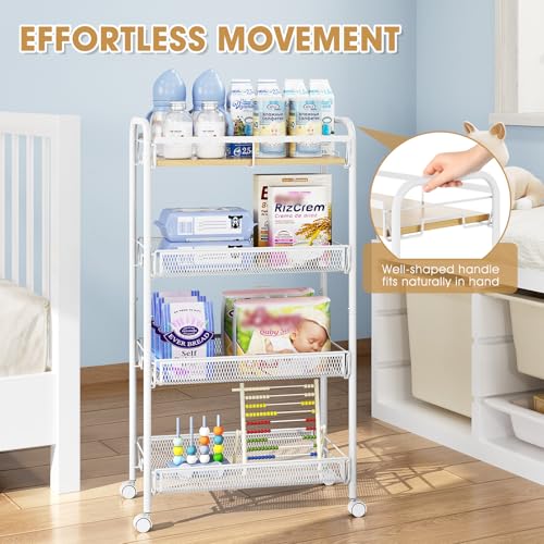 TOOLF 4-Tier Rolling Cart, Metal Utility Cart, Slide Out Storage Cart with Wooden Tabletop and Mesh Baskets, Easy Assemble Trolley for Kitchen Bathroom Laundry Room Bedroom Apartments Dormitory - size: Wide, style: White