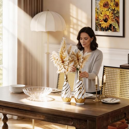 Yundu Gold with White Vase Set of 2 | Pampas Grass Vase, Ceramic, Boho & Modern Centerpieces, Living Room, Shelf, Coffee, Home Decor - color: White With Gold
