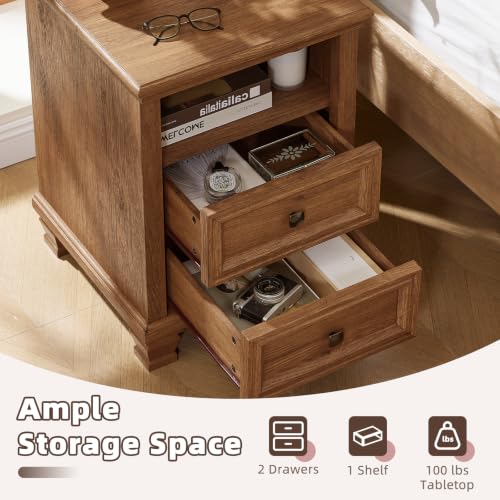 Farmhouse Nightstand with Charging Station, Brown | End Tables Bedroom with 2 Drawers, Traditional Night Stand with Open Shelf & Thickened Top & Square Wooden Legs - color: Brown, size: 18"D x 18"W x 25"H (2 Drawers)