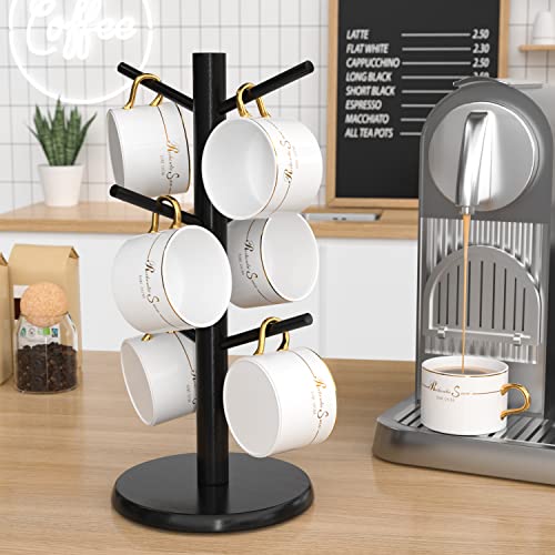 Bamboo Coffee Mug Tree with 6 Hooks, Black Coffee Cup Holder for Countertop | Decorative Bamboo Mug Holder with 6 Hooks, Non-Slip Wooden Base, Easy-Access Mug Rack for Kitchen Coffee Bars Kitchen - color: Black Basic (6 Hooks)