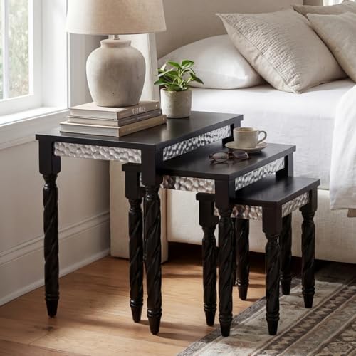 Hyfirm Black Nesting Tables Set of 3 - Mid Century Modern Accent End Tables with Durable Veneered Top, Spiral Wood Legs & Hexagonal Silver Apron, Ideal for Living Room, Bedroom & Small Apartments - color: Black Top+silver Apron