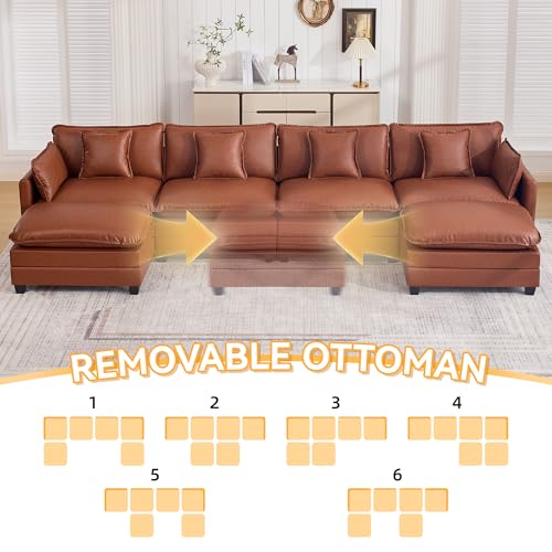 147'' Sectional Cloud Deep Seat Couch, Oversized Leather U Shaped Sectional Sofa for Living Room Set, Comfy Upholstered Modular Sectional Sofa Couch with Movable Ottoman, Leather Brown - color: Pu-dark Brown, size: 147'' U Shape