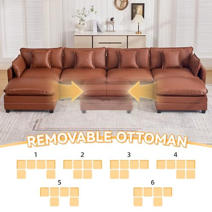 147'' Sectional Cloud Deep Seat Couch, Oversized Leather U Shaped Sectional Sofa for Living Room Set, Comfy Upholstered Modular Sectional Sofa Couch with Movable Ottoman, Leather Brown - color: Pu-dark Brown, size: 147'' U Shape