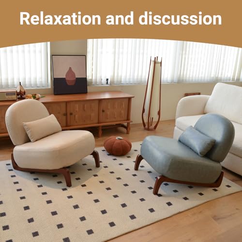 Cream Faux Leather Slippers Chair with Solid Wooden Legs | Low Armless Accent Chair with Soft Cushion, Comfy Upholstered Side Chairs for Living Room, Bedroom, Balcony or Reading Room - color: Cream