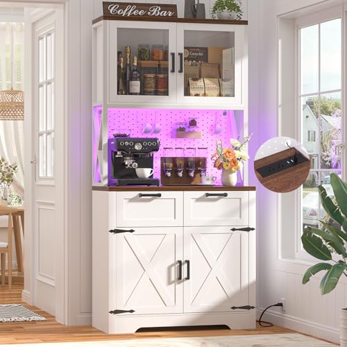 Unikito 71" Kitchen Pantry Cabinet with LED Light & Outlet, Microwave Stand | White & Rustic, , DIY Pegboard, Storage Drawers, Adjustable Shelves, Farmhouse Freestanding Kitchen Buffet for Dining Room - color: White+rusitc, size: 32 Inch
