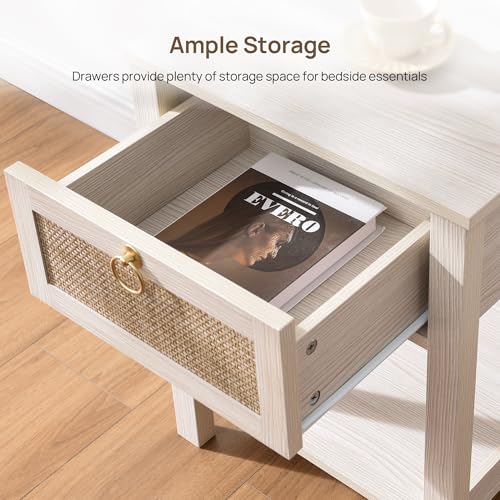 SICOTAS White Rattan Nightstand Set of 2 with Storage Shelf, Bedside Tables | Night Stand Set of 2 with Rattan Drawer, Boho End Tables with Storage for Bedroom, Guest Room, Apartment, and Small Spaces - color: White Cream