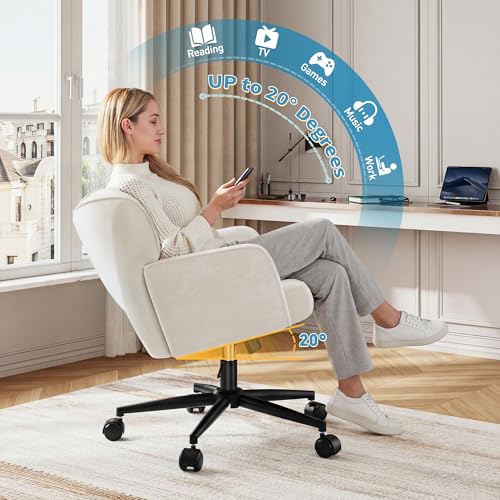 DurayLoly Vanity Chair with Wheels & White — Adjustable Height Makeup Chair, Plush Velvet Seat with Curved Backrest for Women, Girls, Bedroom Vanity & Desk, White - color: White