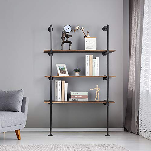 LIANTRAL Industrial Wall Mount Iron Pipe Shelf, 4 Tier X2 Pipe Shelving | Black DIY Open Bookshelf, Retro Storage Shelves Pipe Shelf Hung Bracket