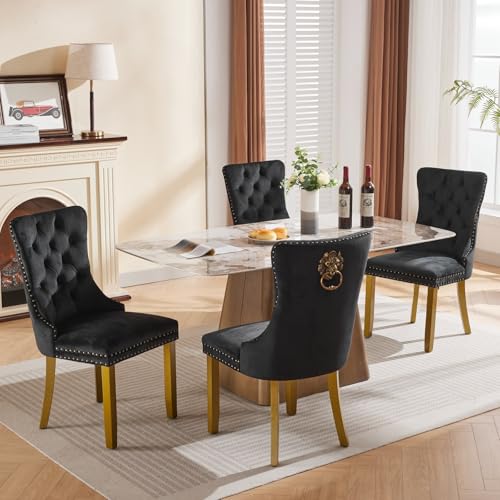 KEIKI Upholstered Mid-Century Velvet Dining Chair, Tufted Accent Seat | with Golden Solid Wood Legs for Dining Room Kitchen Room, Black - color: Black