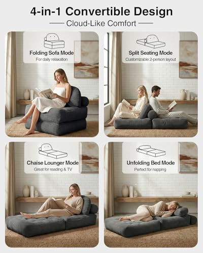 Folding Sofa Bed with Pillow Convertible Sleeper Chair Boneless Foldable Couch Comfy Floor Sofa Lounge Couch Bed for Living Room, Bedroom, Apartment, Grey - color: Grey