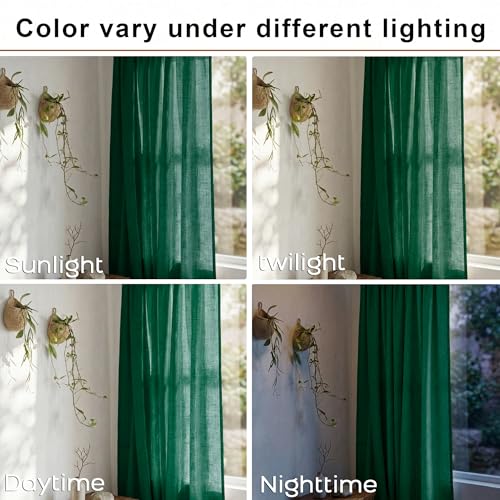 Dark Green Linen Curtains 63 Inch Length for Bedroom, Back Tab Boho Non-See-Through Semi Sheer Window Curtains for Living Room 2 Panel Set, Dark Forest Hunter Green, Cortinas Verdes Para Cuarto - color: Hunter Green, size: 52"W x 63"L (Pack of 2)
