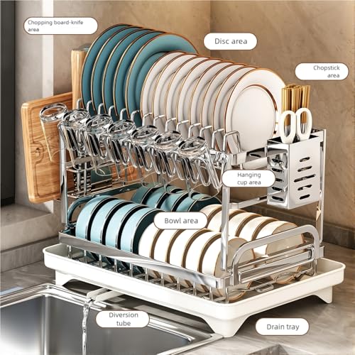 TarnorLe Double Layer Dish Drying Rack, Storage Super Large Bowl Dish Rack, Multifunctional Kitchen Countertop with Drain Pan, 304 Stainless Steel Kitchen Drying Rack, Tableware, Glass Drying Rack