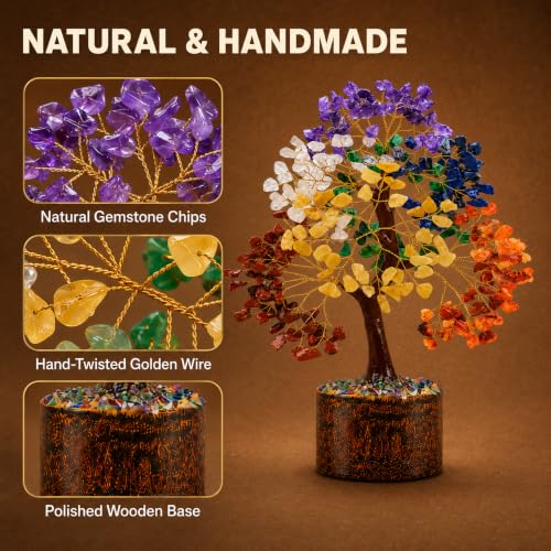 7 Chakra Tree of Life Crystal Tree | 300 Natural Gemstone Beads | Healing Crystal Tree for Housewarming, Positive Energy, Money & Good Luck | Birthday Gift for Women, Men, Mom, Sister & Friends - color: #3 Seven Chakra Golden Wire Tree (300 Beads)