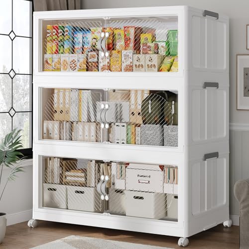 90Gal/360QT 3-Tiers Extra Large Stackable Storage Bins with Lid, Collapsible Cabinet Closet Organizer Plastic Container Box with Wheels Doors Drawers for Office Dorm Kitchen, White - color: White, size: 30Gal-3Pack