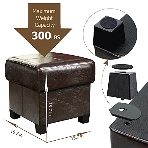 GLAXYFUR Square Storage Ottoman, Cube Ottoman with Legs, Leather Foot Stool | Footrest, PU Leather Ottoman with Storage, Upholstered Folding Bench for Living Room, Bedroom, Brown - color: 15.7" Brown