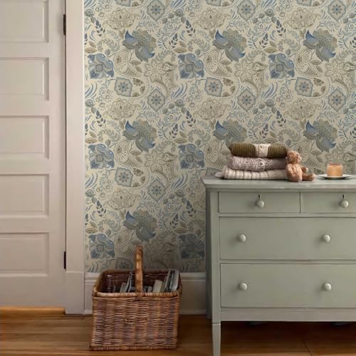 MuralPeel Beige Grey Blue Paisley Flowers Peel and Stick Wallpaper Self Adhesive Removable Easy Peel Off Stick on Wall Paper for Bedroom Cabinet Renter - color: Blue/Cream, size: 17.7" x 118.1"