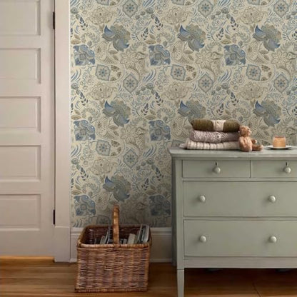 MuralPeel Beige Grey Blue Paisley Flowers Peel and Stick Wallpaper Self Adhesive Removable Easy Peel Off Stick on Wall Paper for Bedroom Cabinet Renter - color: Blue/Cream, size: 17.7" x 118.1"