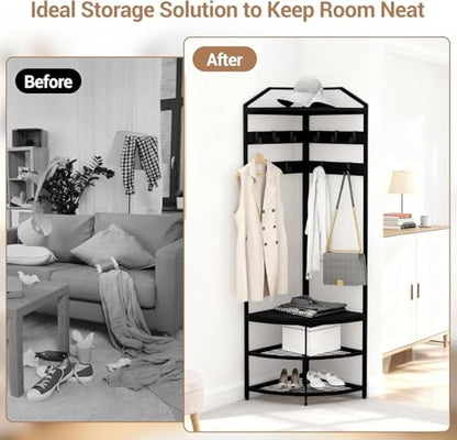 Takywep Entryway Coat Rack with Storage, Narrow Corner Hall Tree with Mesh Shelves, Movable Hooks & Adjustable Feets, Metal Corner Coat Rack for Entryway, Bedroom, Black