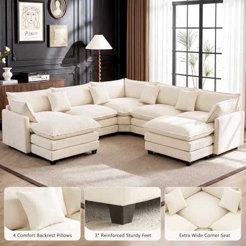 110" Modular Sectional Cloud Sofa Couch V Shape with 2 Ottoman, Beige | 3 Layer Cushion, 6 Washable Pillows, 29" Deep Seat, Chenille Fabric, for Living Room Apartment - color: Beige, size: 110"V-2