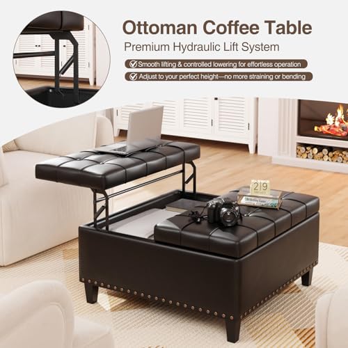 FiveWillowise 31.5 Inch Large Square Ottoman with Storage,Faux Leather | Coffee Table Storage Ottoman Bench with Lift Top Upholstered Footrest Stool Toy Box for Bedroom Living Room,Black - color: Black