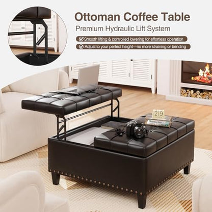 FiveWillowise 31.5 Inch Large Square Ottoman with Storage,Faux Leather | Coffee Table Storage Ottoman Bench with Lift Top Upholstered Footrest Stool Toy Box for Bedroom Living Room,Black - color: Black